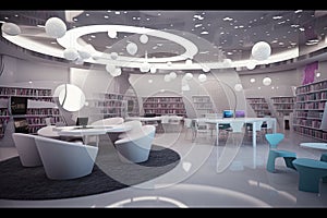 Futuristic interactive learning space in library. Generative AI.