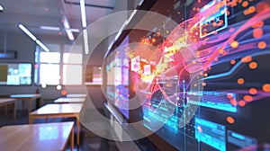 Futuristic interactive screen displaying data in empty classroom