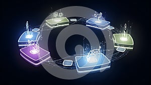 Futuristic interconnected microchips with digital network flow