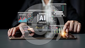 Futuristic Interface with AI Technology and Data Analytics Concept, Hands Interacting with Digital Screens and Graphs on