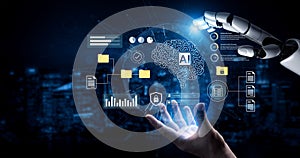 Futuristic Interface of Artificial Intelligence Displaying Data Visualization with Robot Hand Interacting with Digital