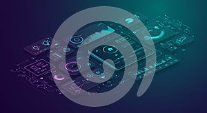 Futuristic interface comprising various digital display panels, illustrating data