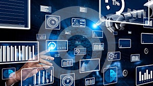 Futuristic Interface with Data Visualization and Robotic Hand Interacting with Digital Dashboard Metrics and Graphs in a