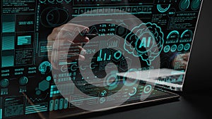 Futuristic Interface with Data Visualizations and Artificial Intelligence Graphics Displayed on a Transparent Screen