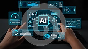 Futuristic Interface Displaying AI Analytics, Data Visualization, and Metrics with User Interaction on a Keyboard in a