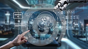 Futuristic Interface Displaying Artificial Intelligence Concept with Human Hand and Robotic Arm Interacting with Data