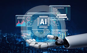 Futuristic Interface Displaying Artificial Intelligence Metrics and Data Analysis with Robotic Hand Visualizing