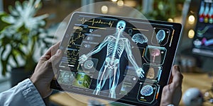 Futuristic interface displaying biohacking and digital health data on a tablet held by a user.