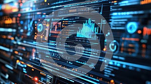 Futuristic interface displaying complex data analysis and information processing