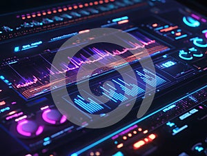 Futuristic interface displaying complex data and sound waves