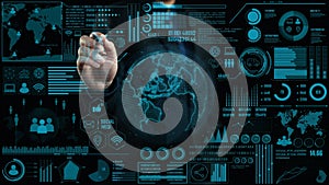 Futuristic Interface Displaying Global Communication Network with Data Visualizations, World Map, and User Interaction