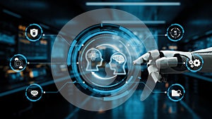 Futuristic Interface Displaying Human and Robot Interaction with Technology and Artificial Intelligence Concepts. Auvana