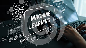 Futuristic interface displaying machine learning concepts with data analytics visuals and technology elements