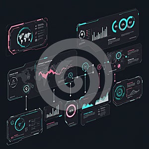 Futuristic interface displaying multiple holographic data panels on a dark background.