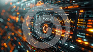 A futuristic interface displaying multiple screens with realtime financial data and statistical analysis. Graphs and