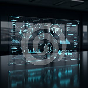 A futuristic interface displaying various data visualizations, including charts, graphs,