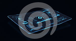 A futuristic interface displays data on a luminous, transparent screen floating against