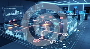 Futuristic interface displays data visualizations and network connections in a tech room