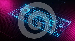 Futuristic interface featuring glowing blue circuitry and data lines on a dark surface.