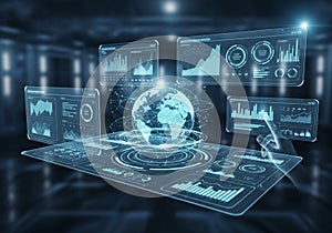 Futuristic interface featuring a holographic globe at the center,