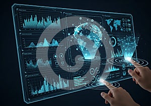 Futuristic interface featuring multiple data visualization panels.