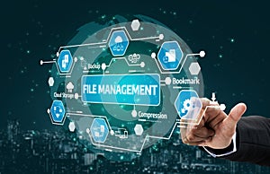 Futuristic Interface of File Management System with Icons for Backup, Cloud Storage, Compression, and Bookmarking Data