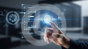 Futuristic Interface: Finger Touching Play Button on Screen