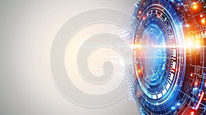 Futuristic interface with glowing blue and orange circular elements, radiating light and digital patterns