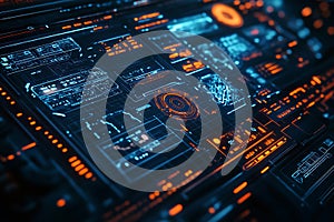 Futuristic Interface with Glowing Blue and Orange HUD Elements