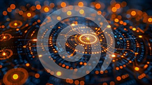 Futuristic Interface with Glowing Orange Circuits and Data