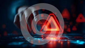 Futuristic interface with glowing red triangle and human hand interaction