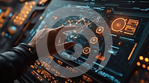 Futuristic interface with hand interacting with data visualizations