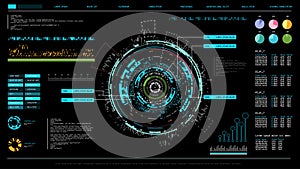 Futuristic interface hud design, infographic elements like scanning graph or waves, warning arrow and bar regulator, fingerprint o