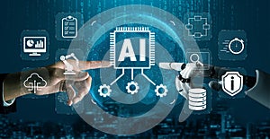 Futuristic Interface with Human and Robot Hands Interacting with AI Technology and Digital Elements Representing