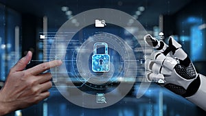 Futuristic Interface with Human and Robot Hands Interacting with Digital Lock, Symbolizing Cybersecurity and Technology