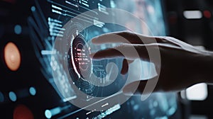 Futuristic interface interaction with digital data visualization in tech lab