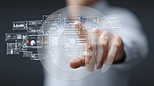 Futuristic interface interaction: hand touching digital hud screens for data analysis