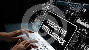 Futuristic Interface of Predictive Intelligence Technology on Laptop Screen with Data Visualizations and Analytics
