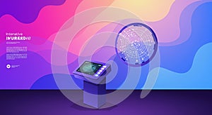 A futuristic interface with a purple console featuring a touchscreen display and