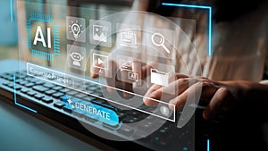 Futuristic interface showcasing artificial intelligence features with hands typing on a keyboard and digital icons