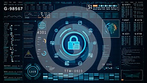 Futuristic interface showcasing a digital encryption lock, surrounded by data analytics and secure network protocols, for advanced