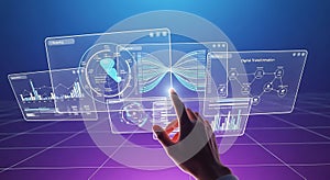 Futuristic interface showing data analytics and digital transformation concepts, hand interacting