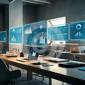 Futuristic Interface in Smart Office. Modern smart office featuring a transparent futuristic interface with data analytics.