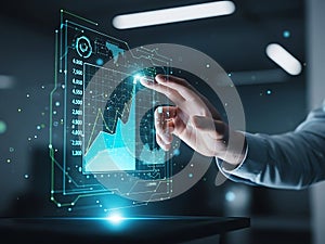 A futuristic interface with a world map and graphs