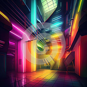 futuristic interior of complex technical building with multi-colored lighting