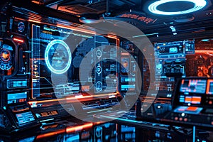 Futuristic interior control room with multiple screens displaying data and visuals.