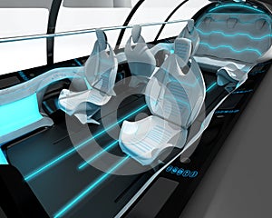 Futuristic interior design of the passenger zone of a supersonic business class aircraft.