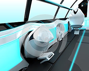 Futuristic interior design of the passenger zone of a supersonic business class aircraft.