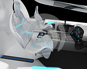 Futuristic interior design of the pilot cabin supersonic aircraft business class.