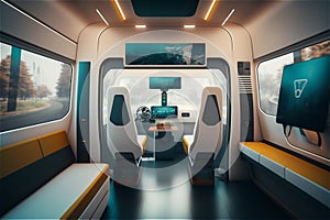 futuristic interior of Driverless Autonomous Vehicle.autopilot Self-Driving taxi car empty salon in a Modern City with